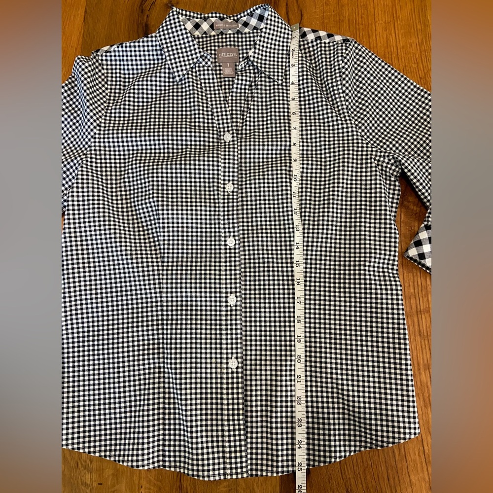 Chico’s Wrinkle Resistant 100% Cotton Fun Black and White Checked Top, Sz Medium - Picture 9 of 11